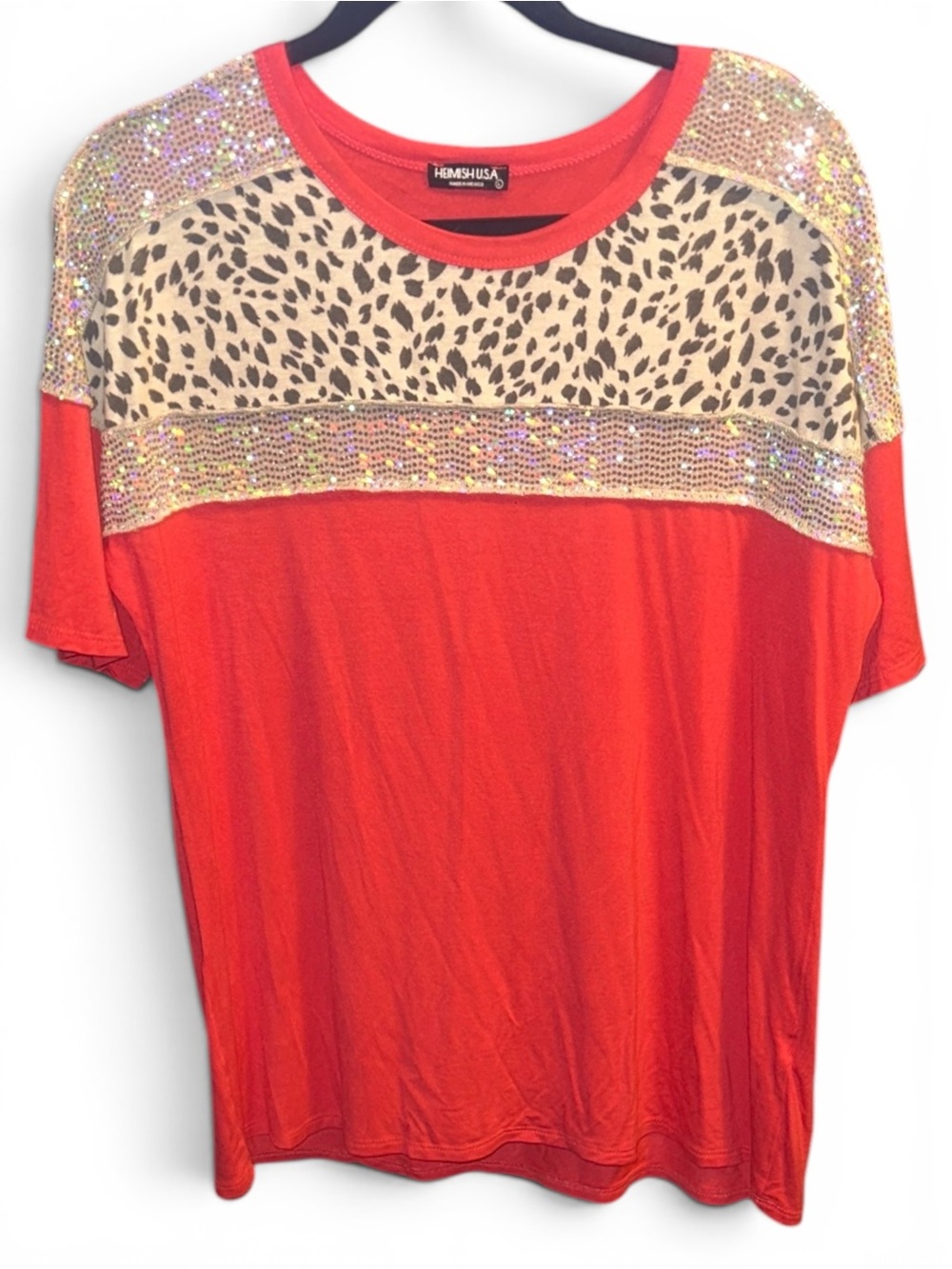Hemish Lg Pink Leopard Sequin Short Sleeve Top